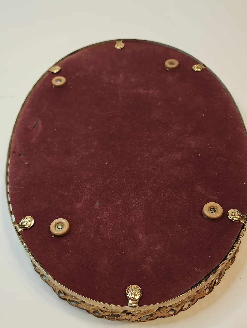 Ornate Oval Mirrored Vanity Tray in Gold Tone Dark Red Velvet Backing